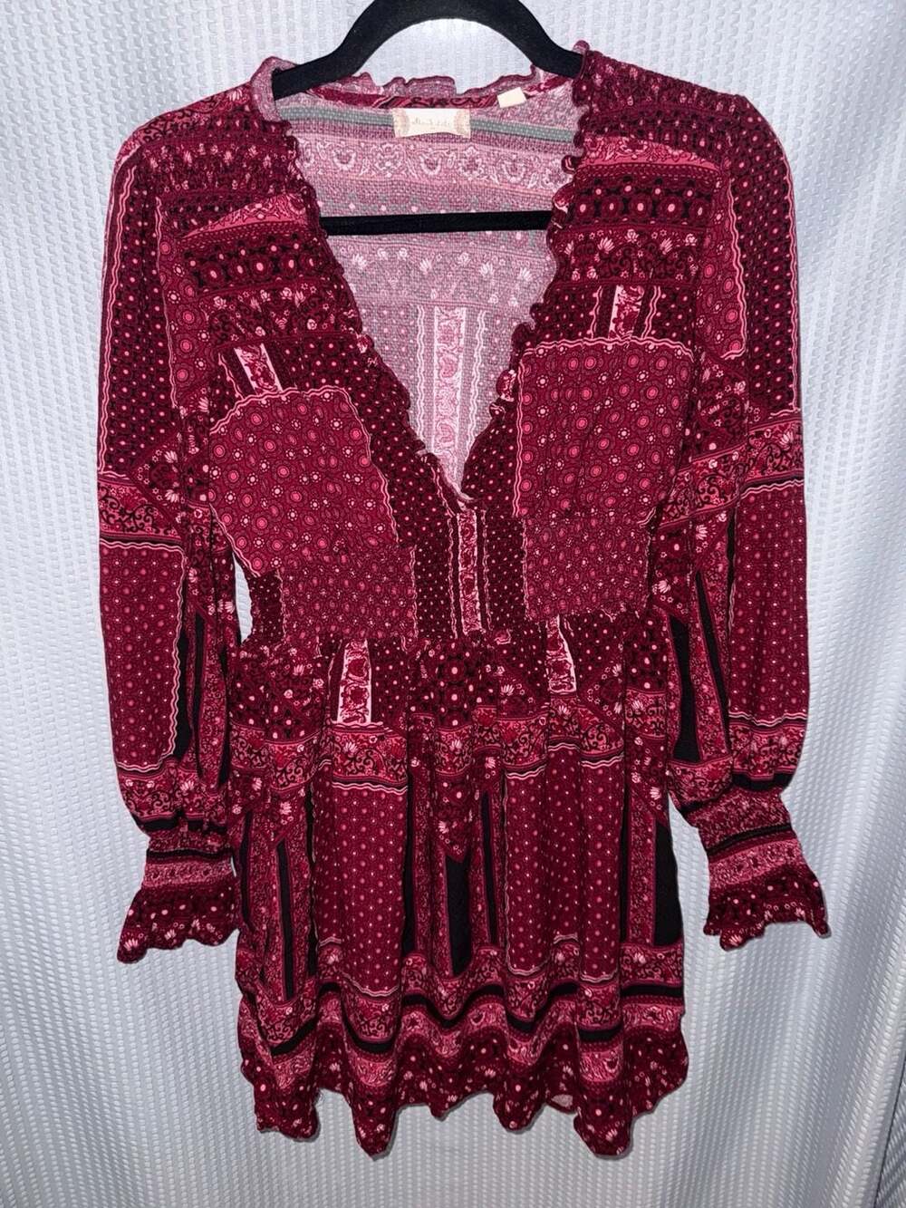 Altar'd State Maroon Floral Patchwork Mini Dress with Long Sleeves